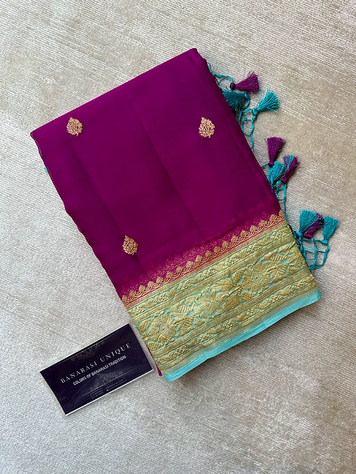 KHADDI CHIFFON GOLD ZARI KADHUWA SAREE - CONTRAST BORDER MAGENTA WITH POWDER BLUE