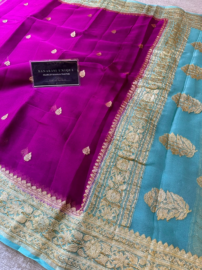 KHADDI CHIFFON GOLD ZARI KADHUWA SAREE - CONTRAST BORDER MAGENTA WITH POWDER BLUE