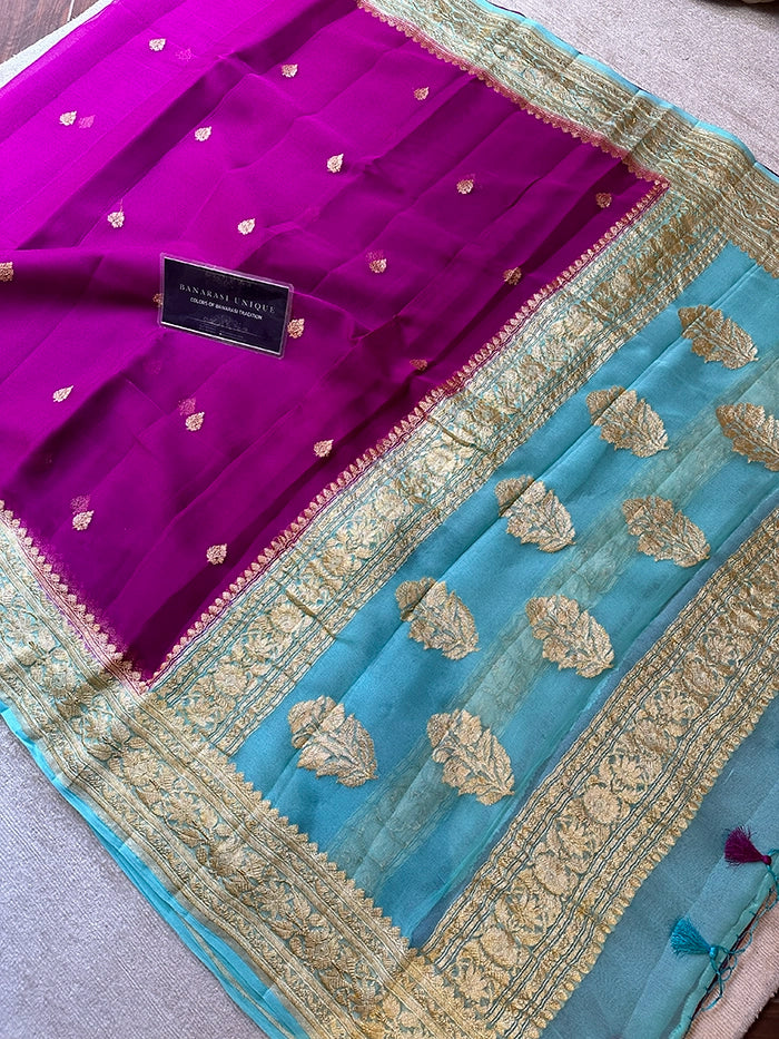 KHADDI CHIFFON GOLD ZARI KADHUWA SAREE - CONTRAST BORDER MAGENTA WITH POWDER BLUE