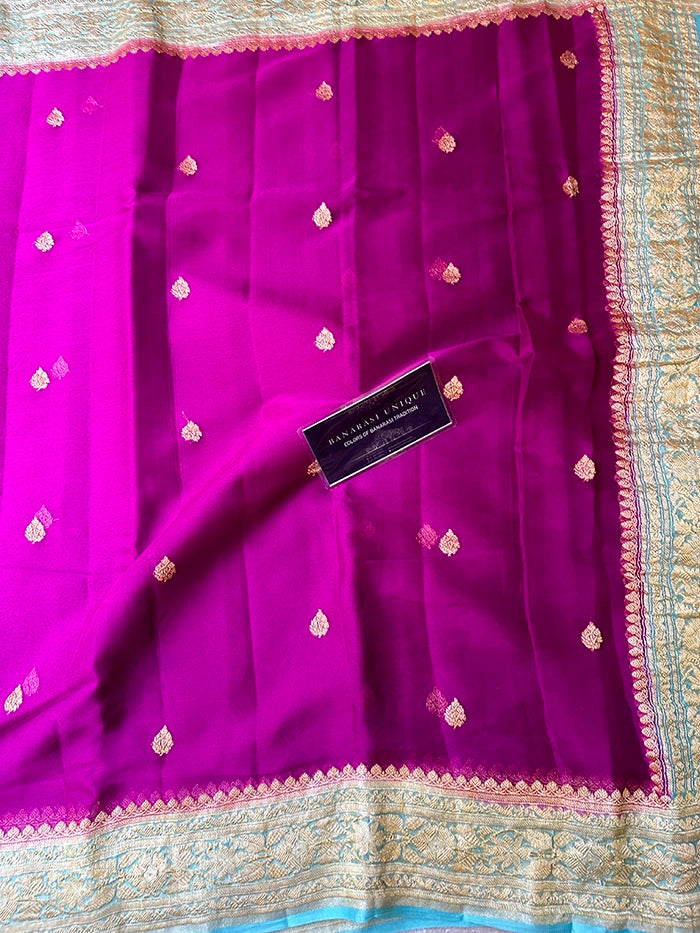 KHADDI CHIFFON GOLD ZARI KADHUWA SAREE - CONTRAST BORDER MAGENTA WITH POWDER BLUE