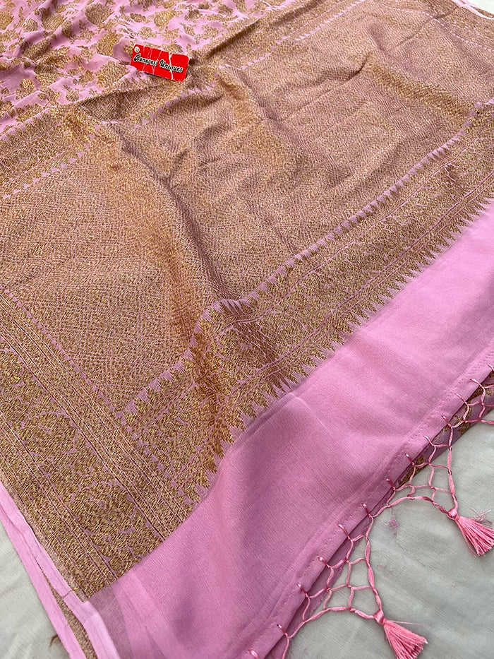 KHADDI GEORGETTE GULAABO ANTIQUE ZARI SAREE - LAVENDER