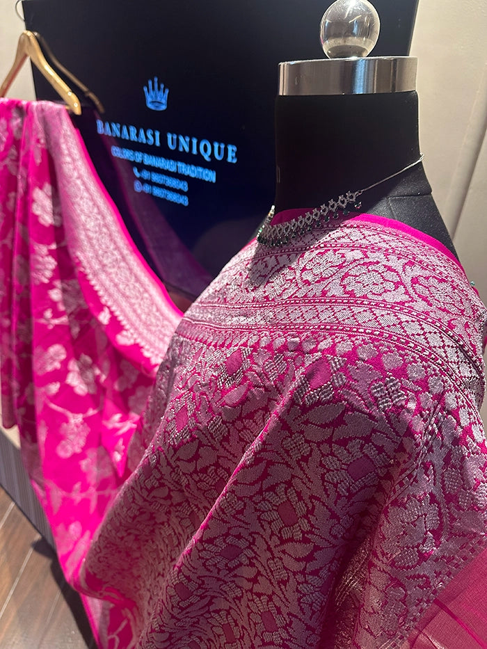 KHADDI GEORGETTE BIG FLORAL JAAL WATER ZARI SAREE - PINK