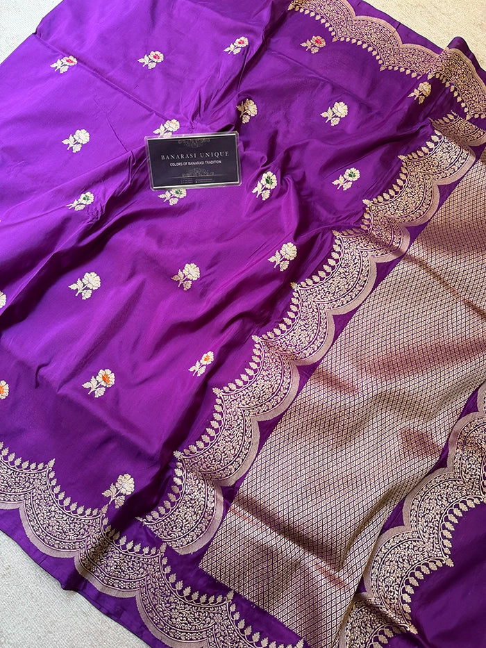 PURE KATAN SILK KADHUA SCALLOP BORDER SAREE - PURPLE