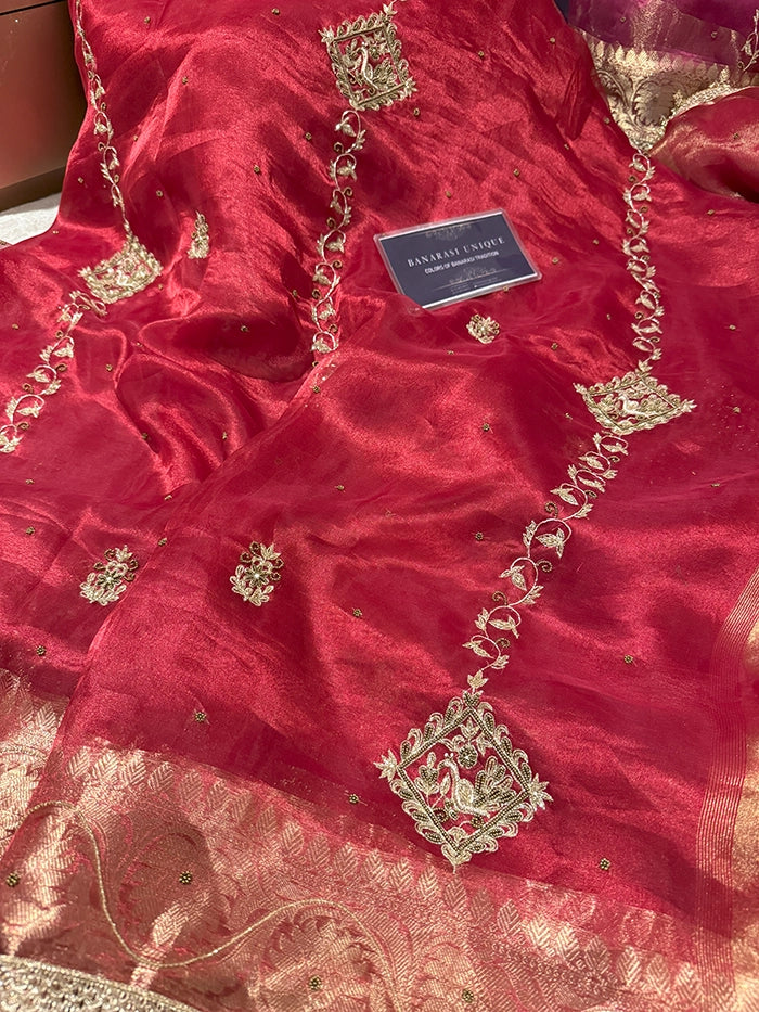 VERTICAL FLORAL PURE TISSUE SAREE - RED