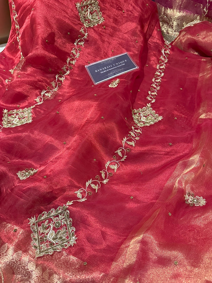 VERTICAL FLORAL PURE TISSUE SAREE - RED