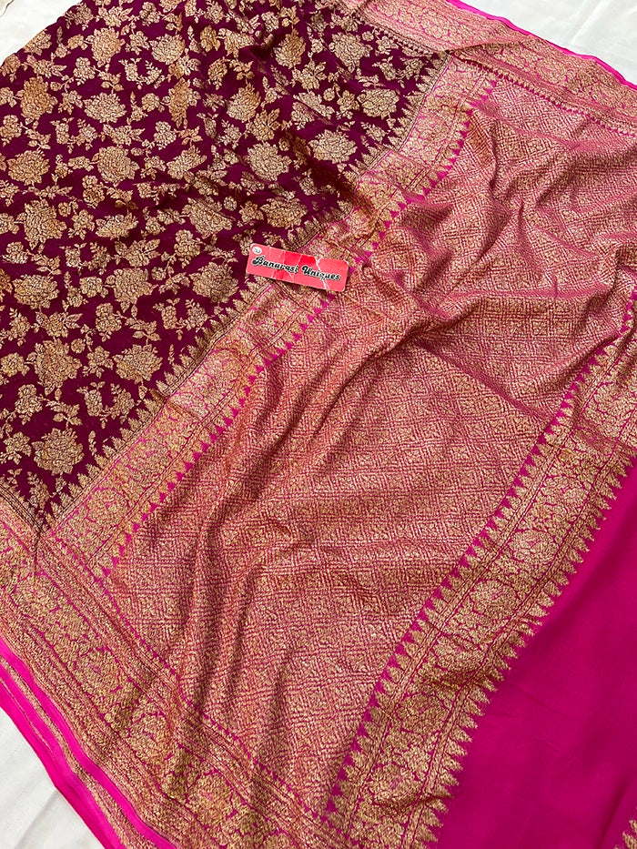 KHADDI GEORGETTE GULAABO ANTIQUE ZARI SAREE - DUAL COLOR RANI WITH MAGENTA
