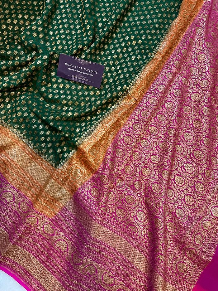 KHADDI GEORGETTE MULTICOLOUR 3D SAREE - BOTTLE GREEN ORANGE WITH PINK