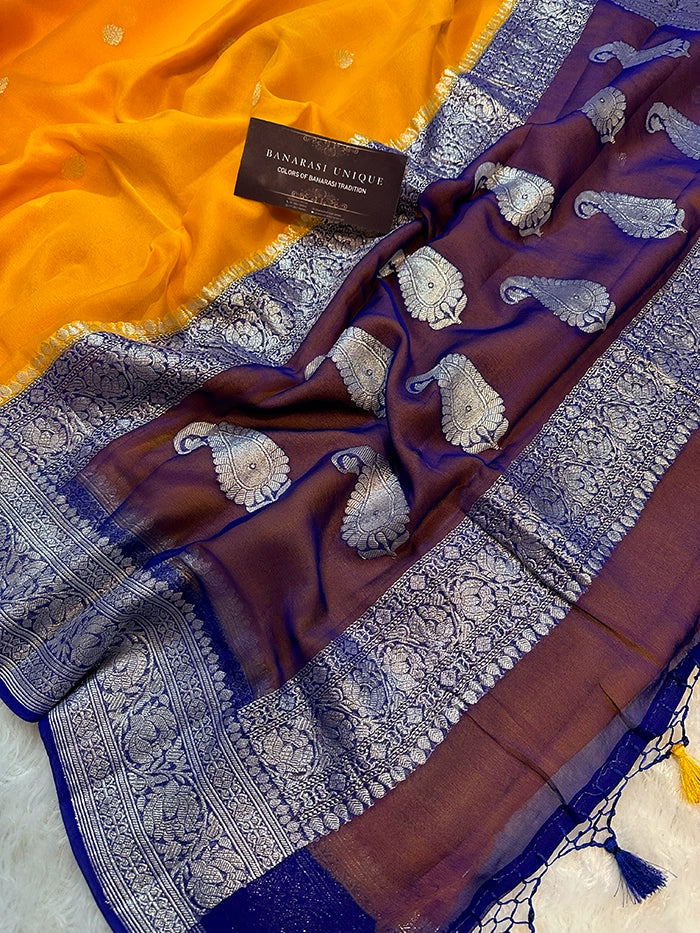KHADDI CHIFFON SILVER ZARI KADHUWA SAREE - CONTRAST BORDER MUSTARD WITH NAVY BLUE