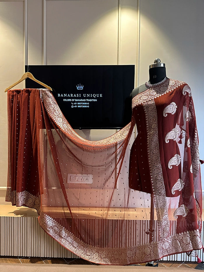 KHADDI CHIFFON HAZARA BUTI SAREE - CHOCOLATE BROWN