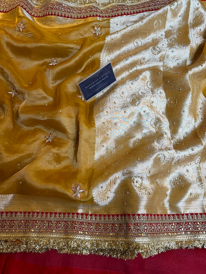 PURE TISSUE SILK HALDI WALI SAREE STAR BOOTA - MUSTARD