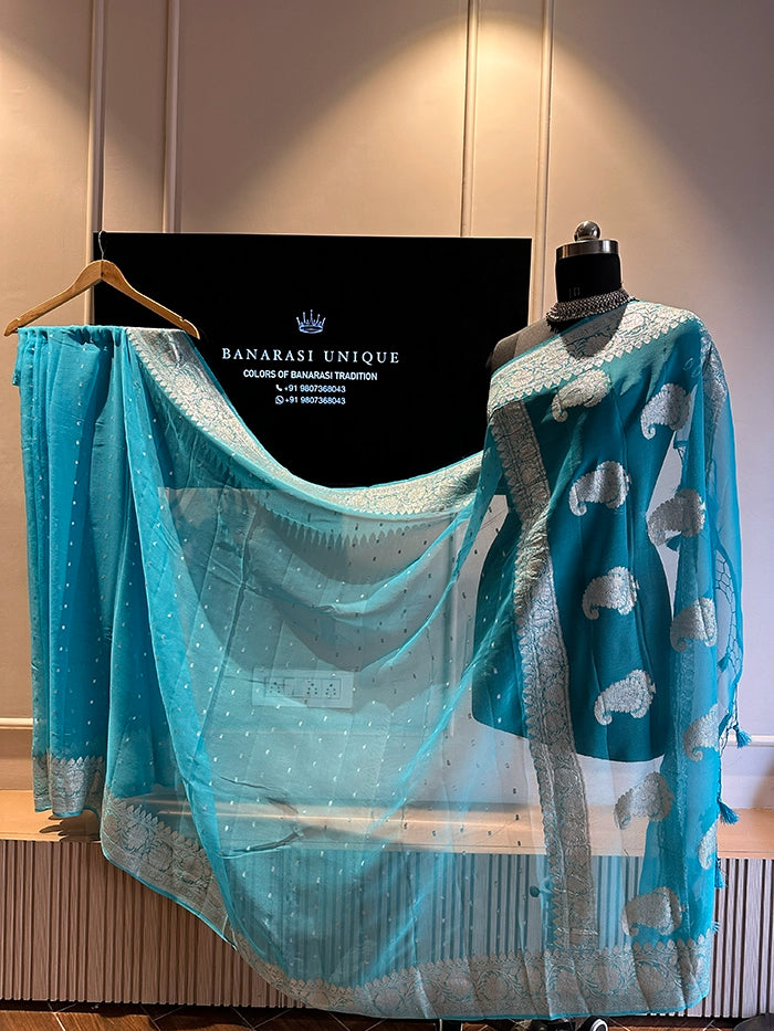 KHADDI CHIFFON HAZARA BUTI SAREE - SKY BLUE