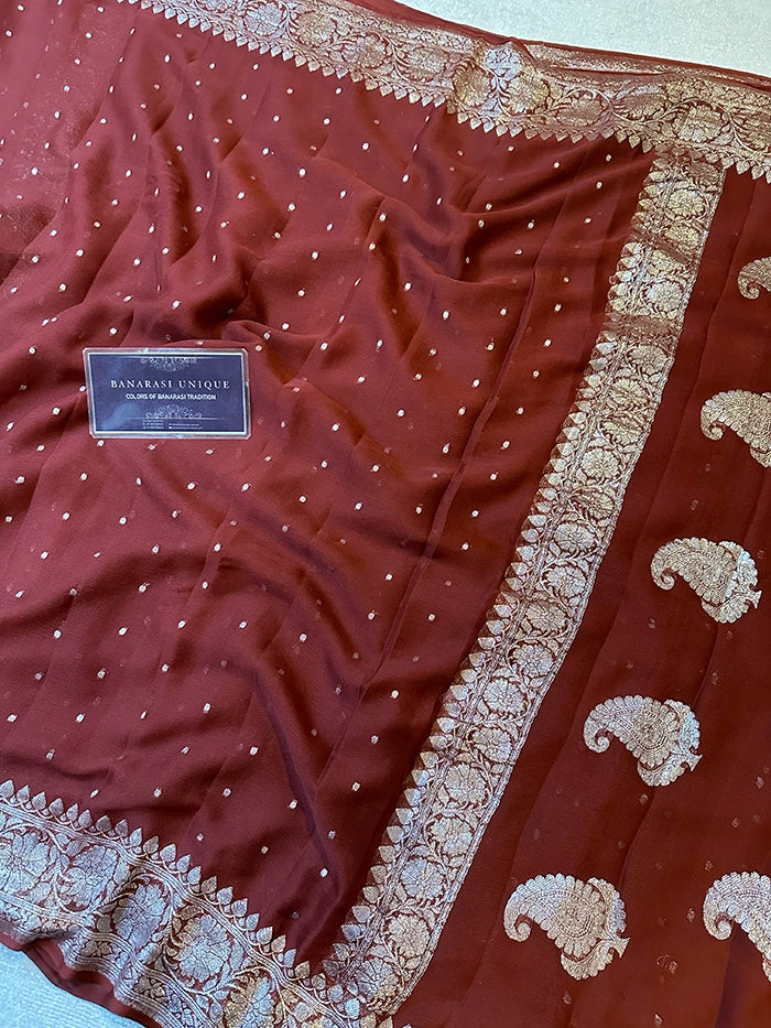 KHADDI CHIFFON HAZARA BUTI SAREE - CHOCOLATE BROWN
