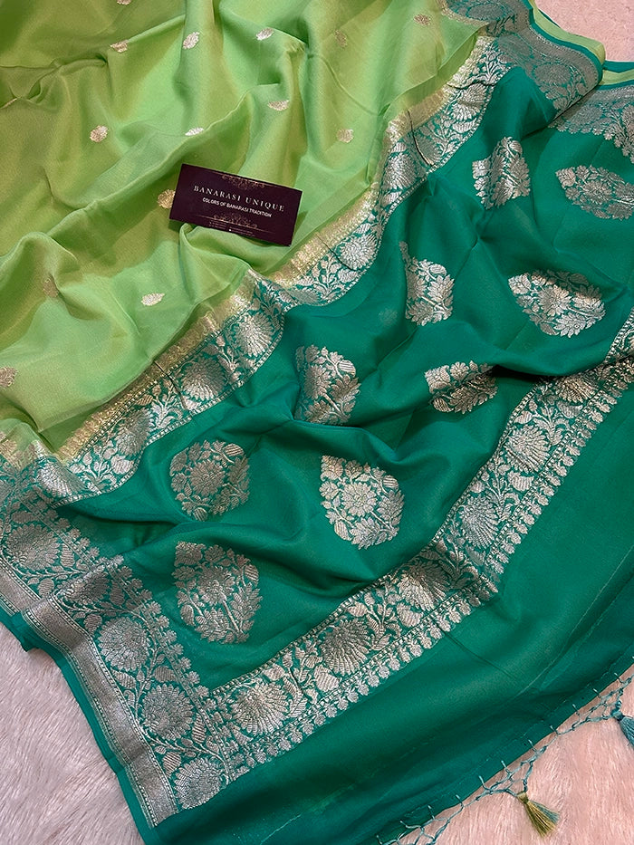 KHADDI CHIFFON SILVER ZARI KADHUWA SAREE - CONTRAST BORDER MINT GREEN WITH SEA GREEN