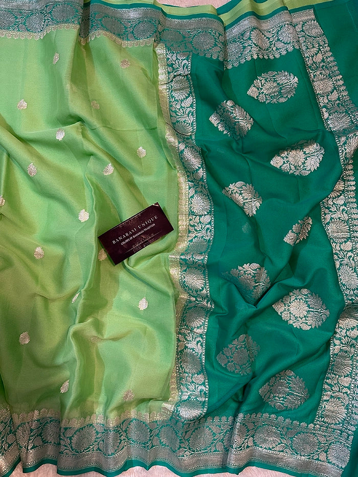 KHADDI CHIFFON SILVER ZARI KADHUWA SAREE - CONTRAST BORDER MINT GREEN WITH SEA GREEN