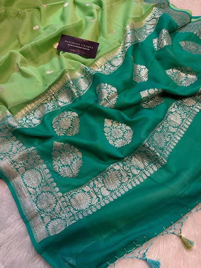 KHADDI CHIFFON SILVER ZARI KADHUWA SAREE - CONTRAST BORDER MINT GREEN WITH SEA GREEN