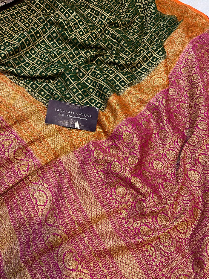 KHADDI GEORGETTE MULTICOLOUR 3D SAREE - BOTTLE GREEN ORANGE WITH PINK