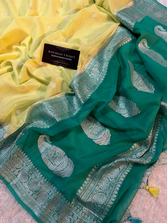 KHADDI CHIFFON SILVER ZARI KADHUWA SAREE - CONTRAST BORDER YELLOW WITH TURQUOISE