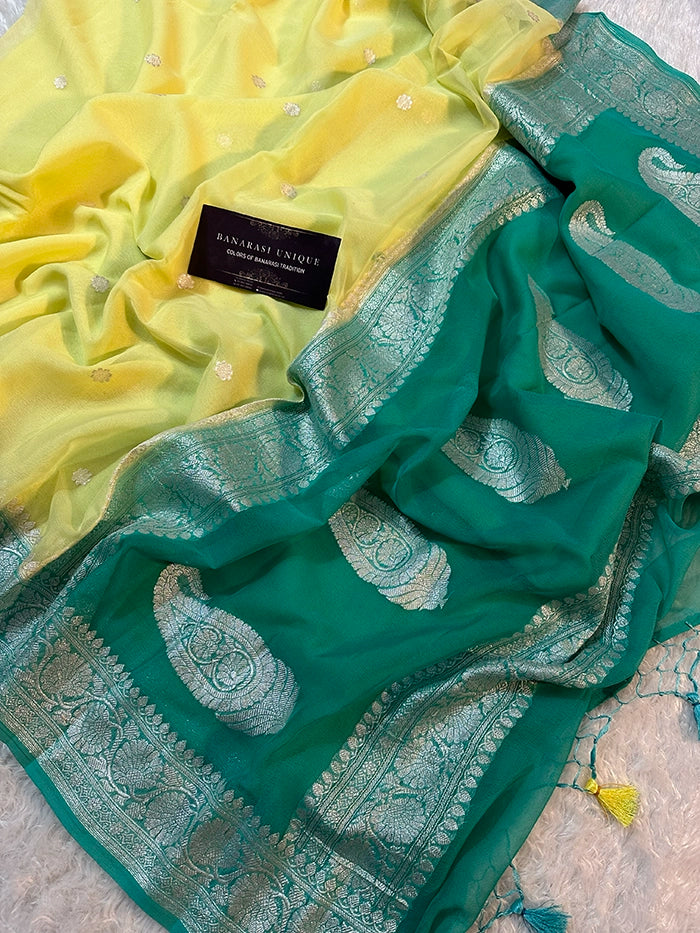KHADDI CHIFFON SILVER ZARI KADHUWA SAREE - CONTRAST BORDER YELLOW WITH TURQUOISE