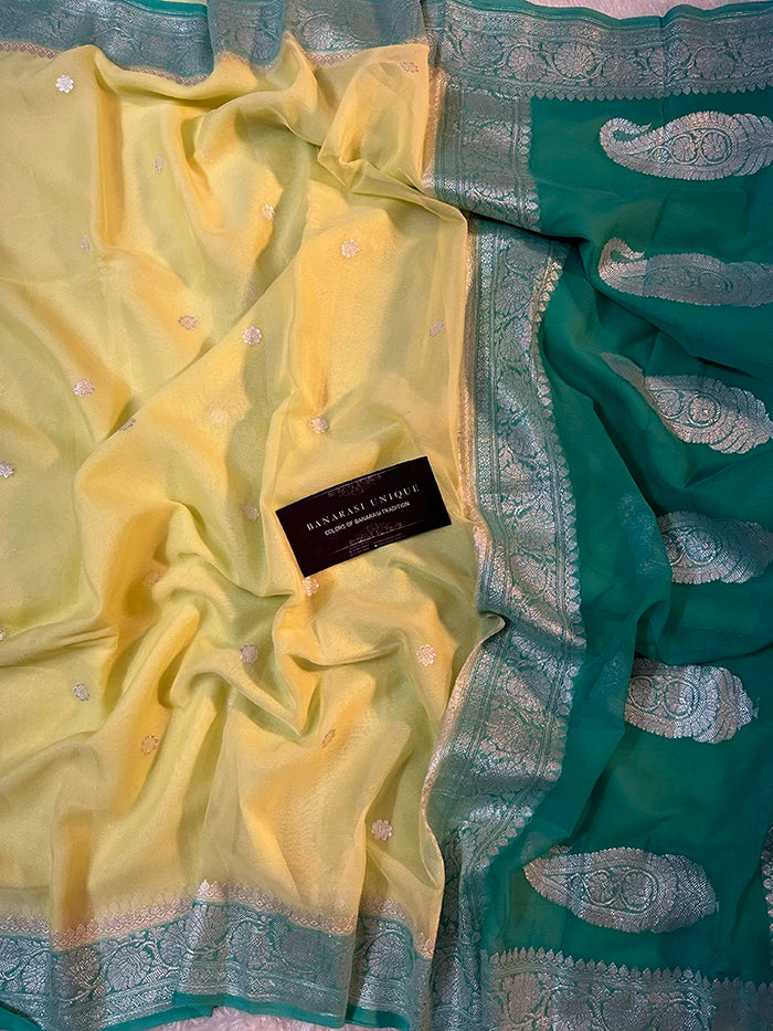 KHADDI CHIFFON SILVER ZARI KADHUWA SAREE - CONTRAST BORDER YELLOW WITH TURQUOISE