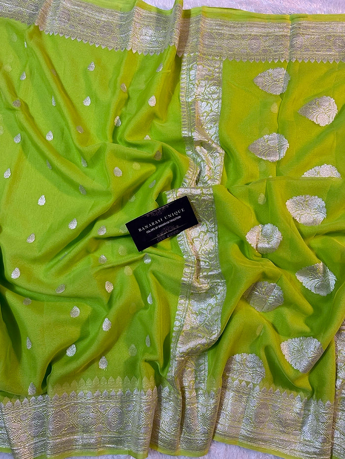 KHADDI CHIFFON SILVER ZARI KADHUWA SAREE - NEON GREEN