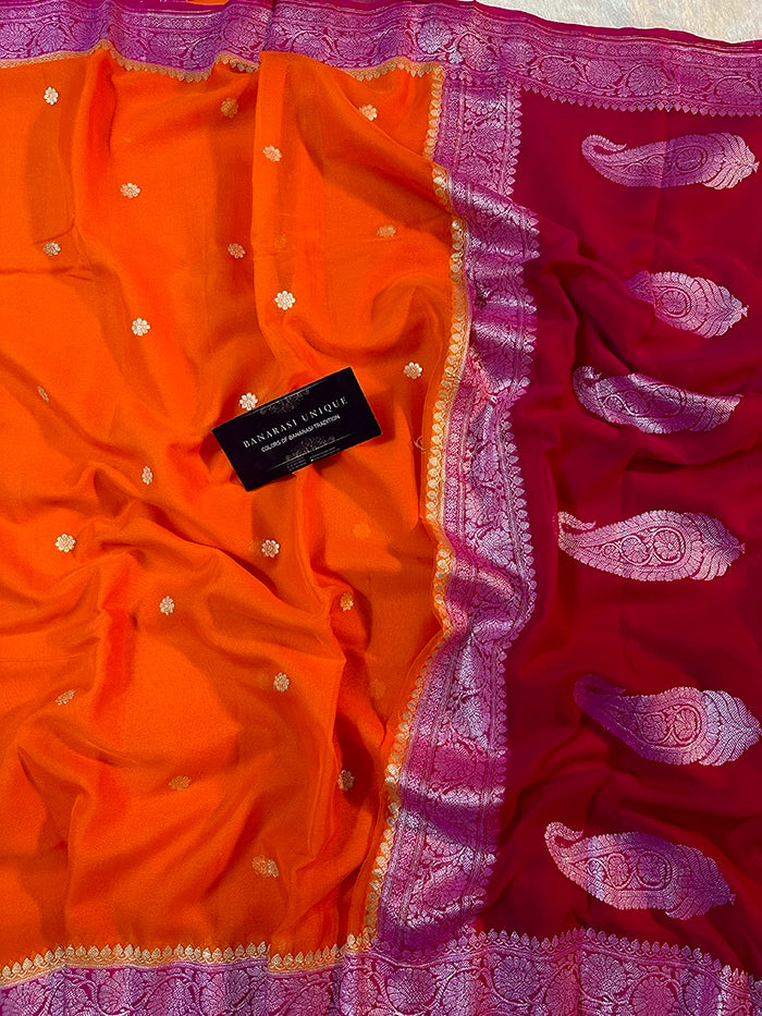 KHADDI CHIFFON SILVER ZARI KADHUWA SAREE - CONTRAST BORDER ORANGE WITH RANI PINK