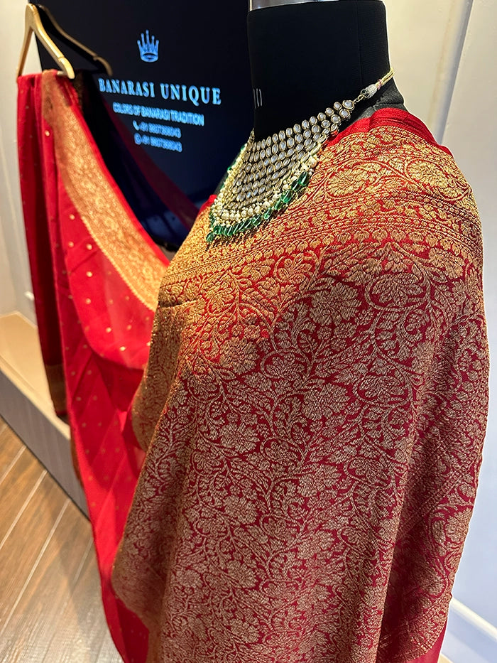 KHADDI GEORGETTE SKIRT BORDER CIRCLE BUTI ANTIQUE ZARI SAREE - MAROON