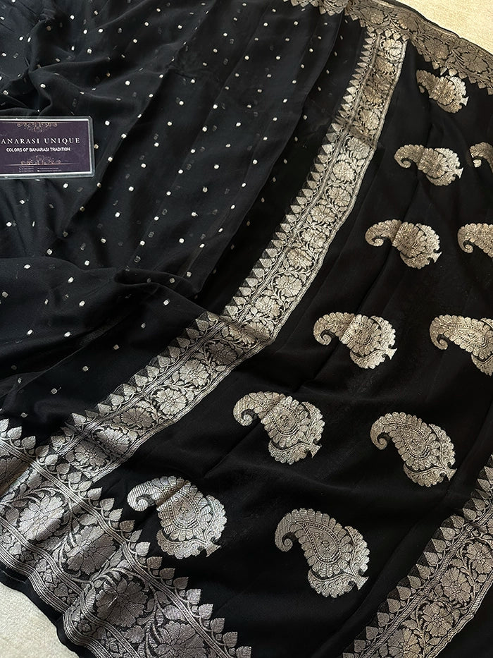KHADDI CHIFFON HAZARA BUTI SAREE - BLACK