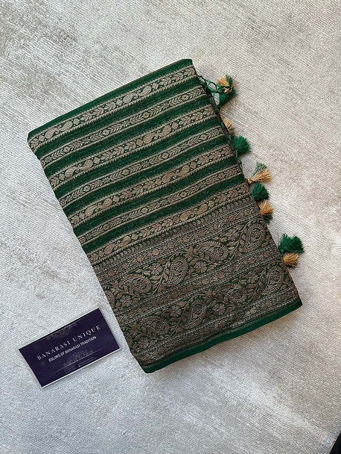 KHADDI GEORGETTE STRIPES ANTIQUE ZARI SAREE - BOTTLE GREEN