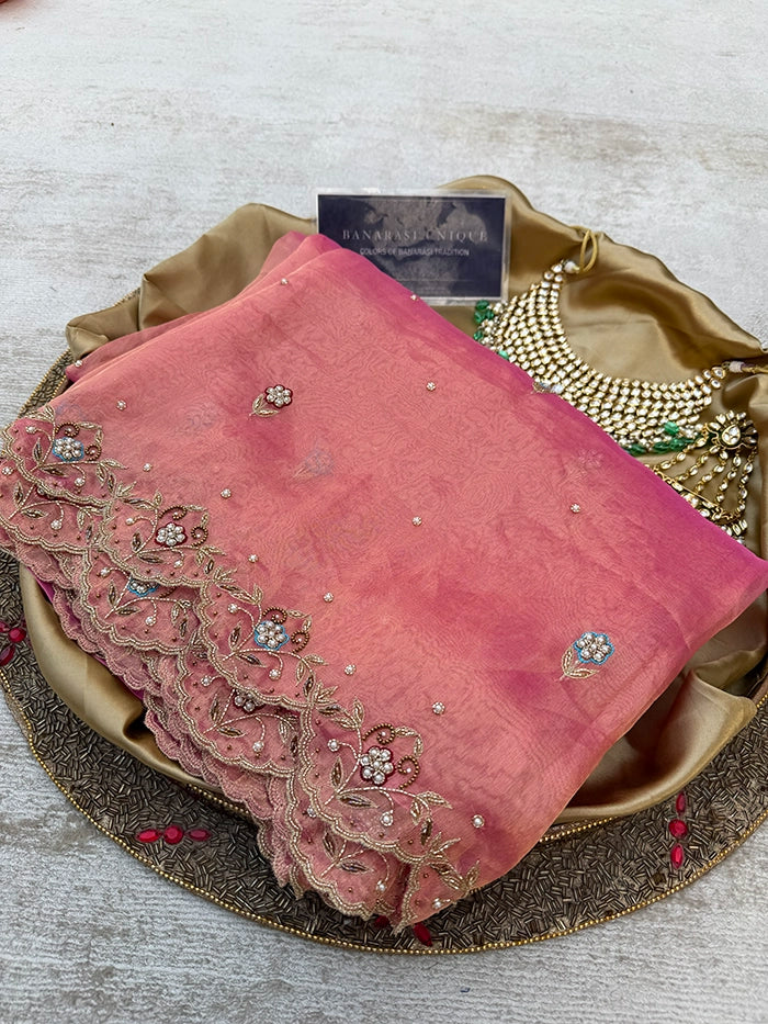 PURE TISSUE SILK SCALLOP BORDER BAND EMBROIDERY SAREE - PINK