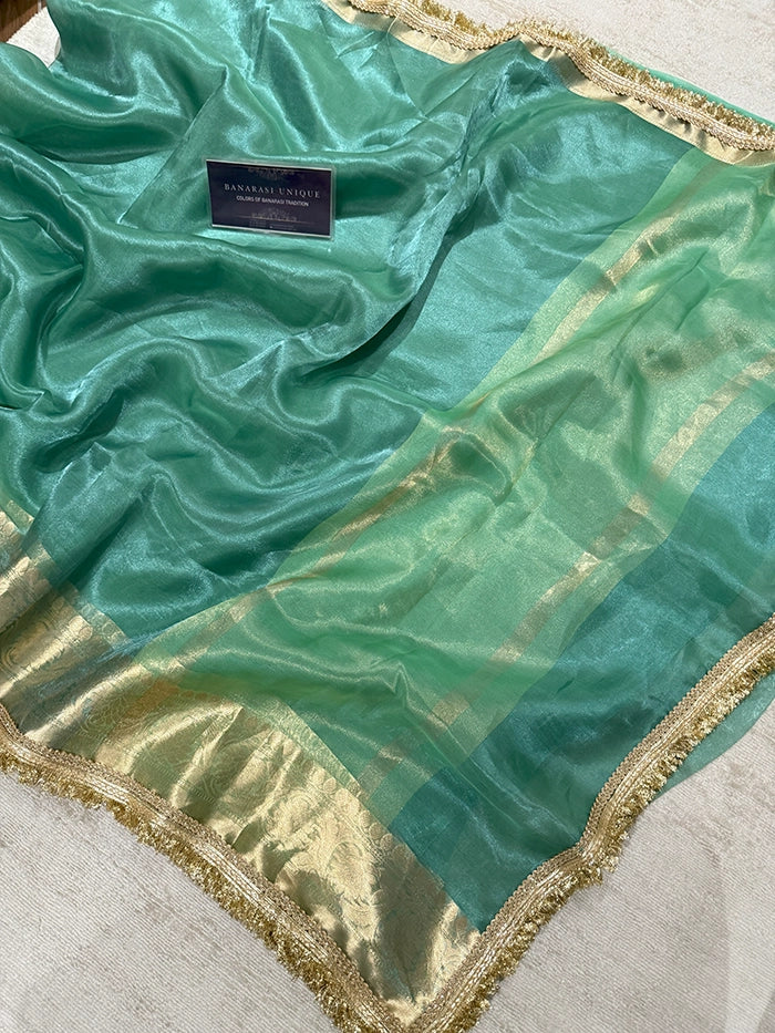 BIG FLORAL BORDER PURE TISSUE SAREE - COOL SEA GREEN