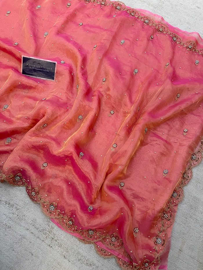 PURE TISSUE SILK SCALLOP BORDER BAND EMBROIDERY SAREE - PINK