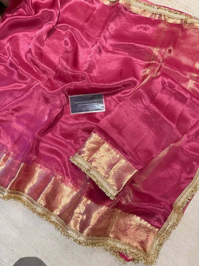 BIG FLORAL BORDER PURE TISSUE SAREE - RANI PINK
