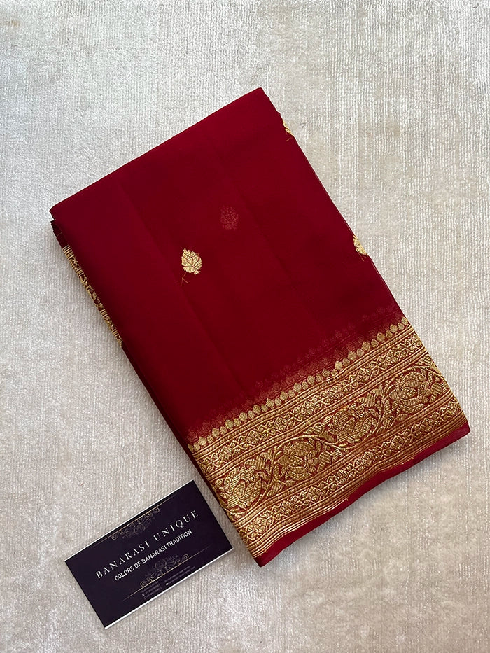 KHADDI CHIFFON GOLD ZARI KADHUWA SAREE - MAROON