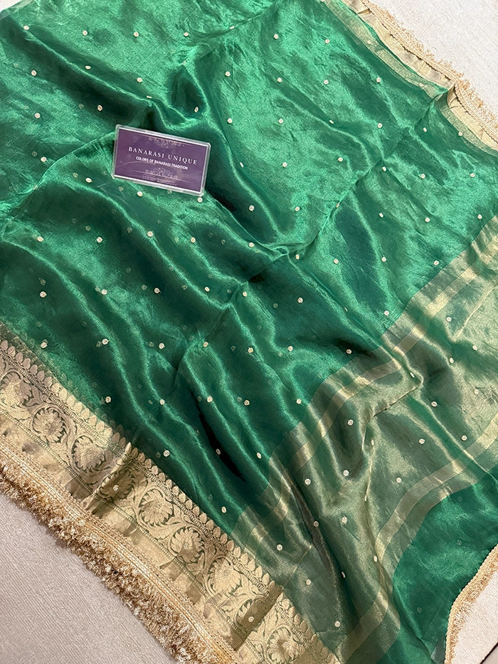 PLAIN KATDANA BUTI SAREE - EMERALD GREEN
