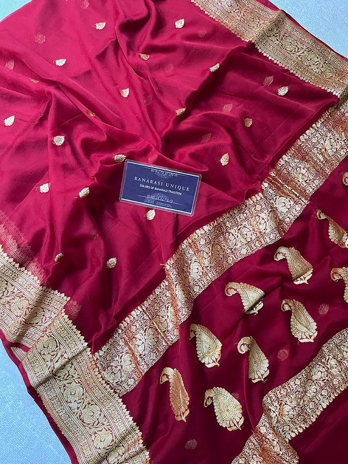 KHADDI CHIFFON GOLD ZARI KADHUWA SAREE - MAROON