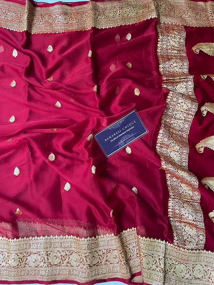 KHADDI CHIFFON GOLD ZARI KADHUWA SAREE - MAROON