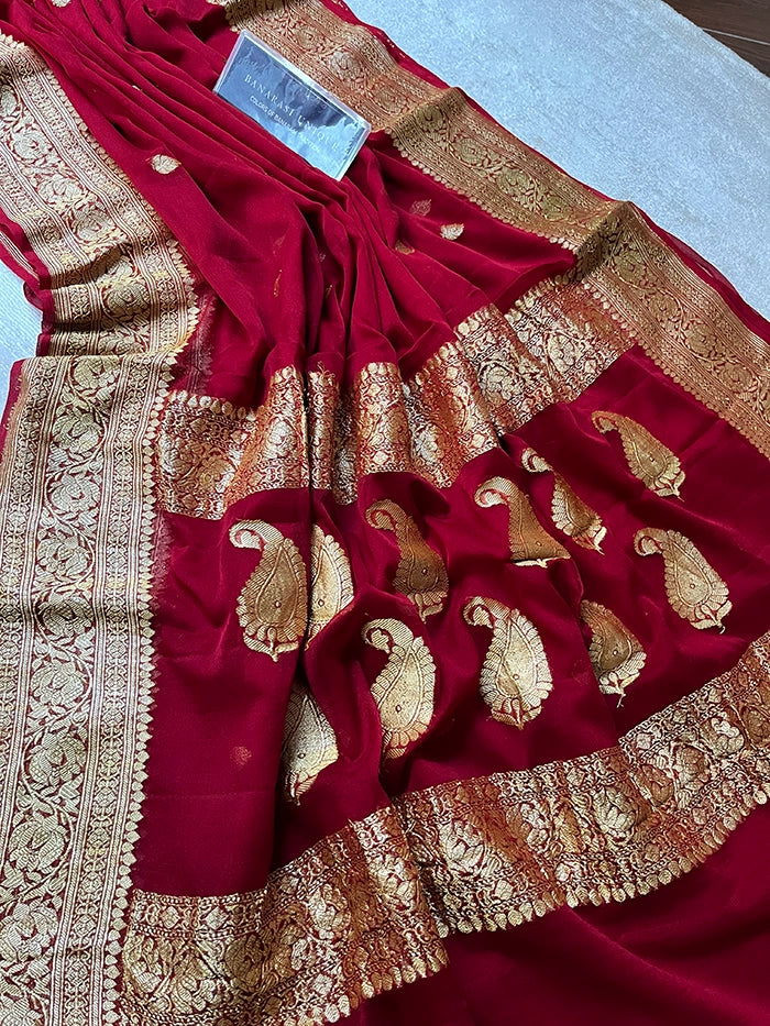 KHADDI CHIFFON GOLD ZARI KADHUWA SAREE - MAROON