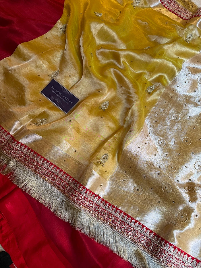 PURE TISSUE SILK SAAT PHERE WALI SAREE - MUSTARD WITH RED BORDER