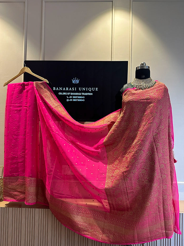 KHADDI GEORGETTE SKIRT BORDER CIRCLE BUTI ANTIQUE ZARI SAREE - RANI PINK
