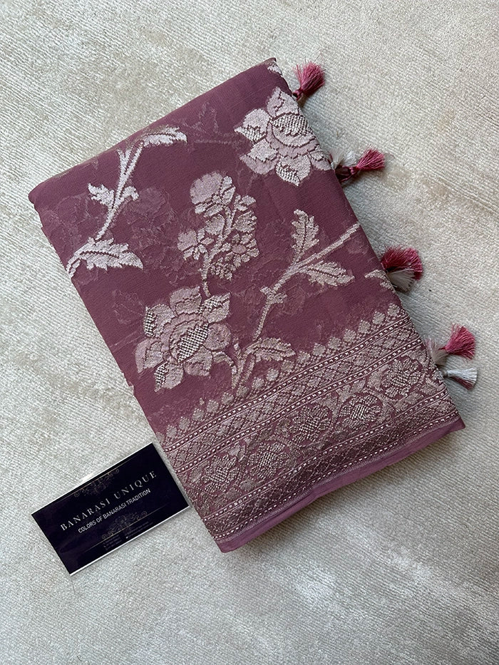 KHADDI GEORGETTE BIG FLORAL JAAL WATER ZARI SAREE - MAUVE SHADE