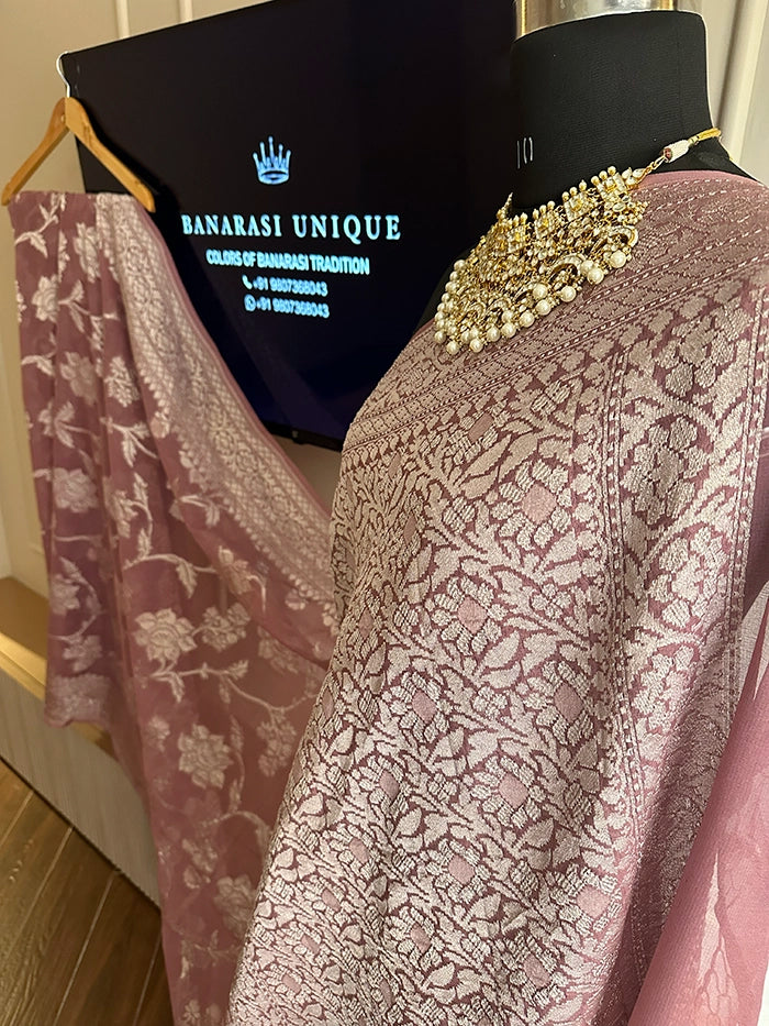 KHADDI GEORGETTE BIG FLORAL JAAL WATER ZARI SAREE - MAUVE SHADE