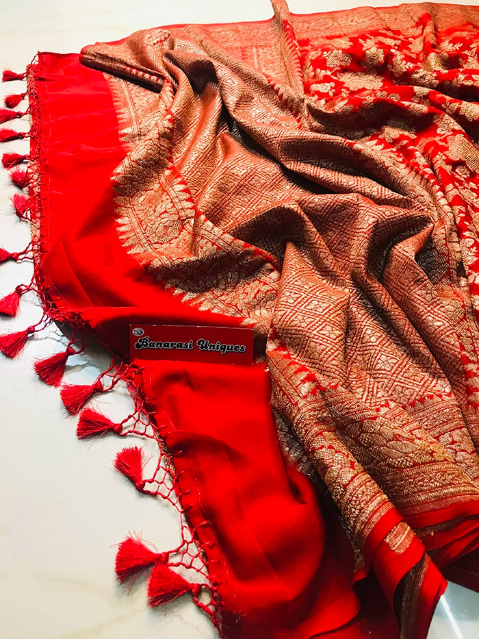 KHADDI GEORGETTE GULAABO ANTIQUE ZARI SAREE - RED