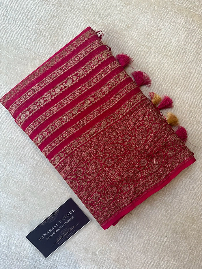 KHADDI GEORGETTE STRIPES ANTIQUE ZARI SAREE - RANI PINK
