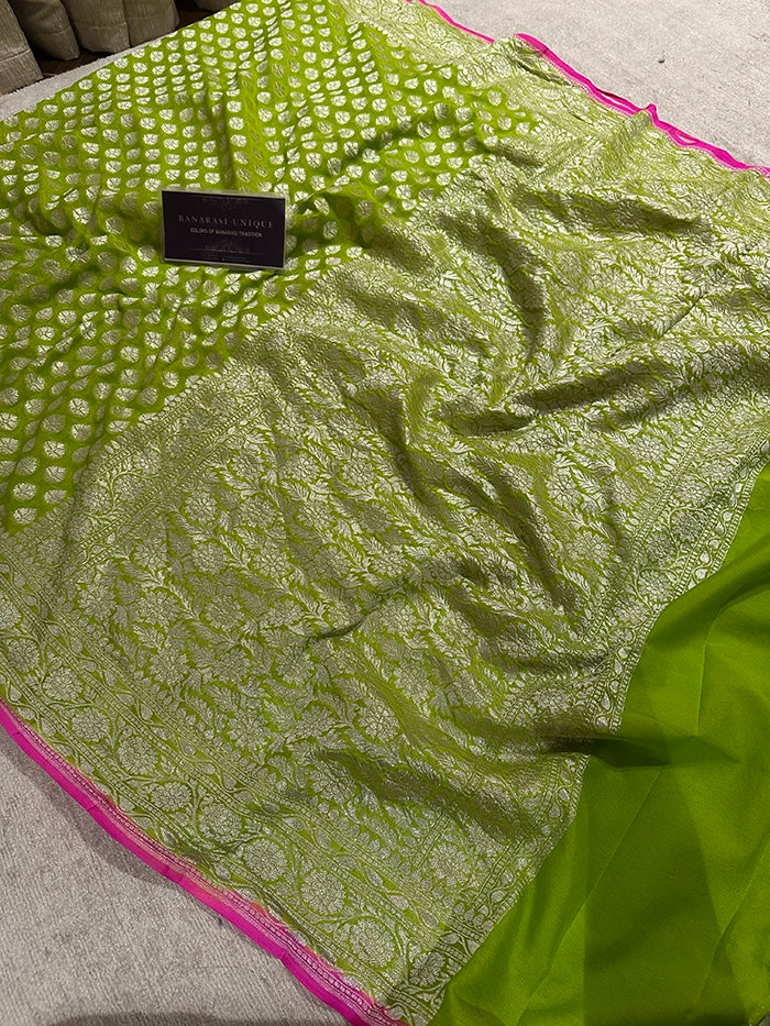 KHADDI GEORGETTE DOLLAR BUTI SILVER ZARI SAREE - NEON WITH HIGHLIGHTED PINK EDGES