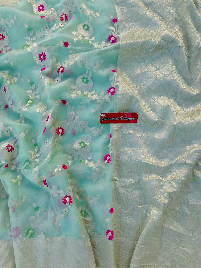 KHADDI GEORGETTE MEENAKARI WATER ZARI SAREE - PASTEL GREEN