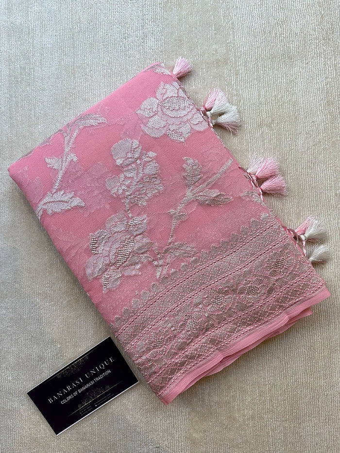 KHADDI GEORGETTE BIG FLORAL JAAL WATER ZARI SAREE - BABY PINK SILVER ZARI