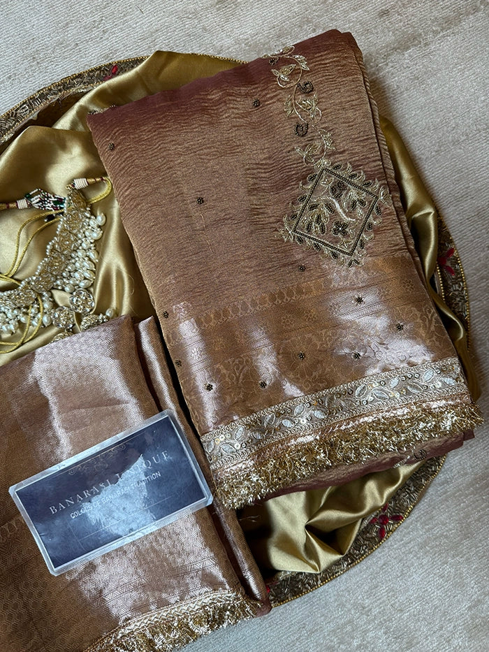 VERTICAL FLORAL PURE TISSUE SAREE - ROSE GOLD