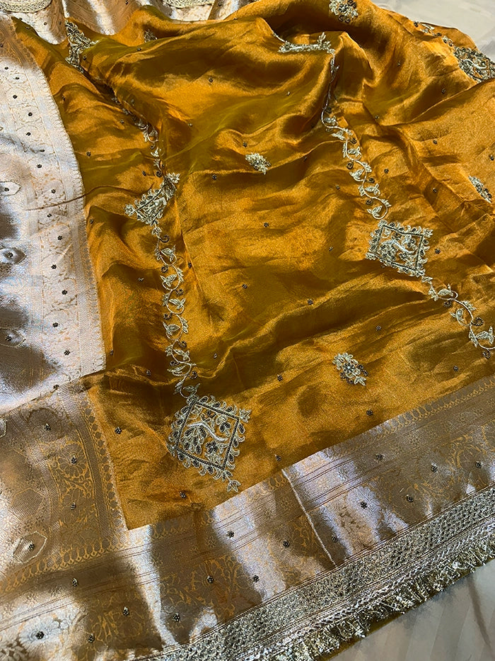 VERTICAL FLORAL PURE TISSUE SAREE - MUSTARD GOLD