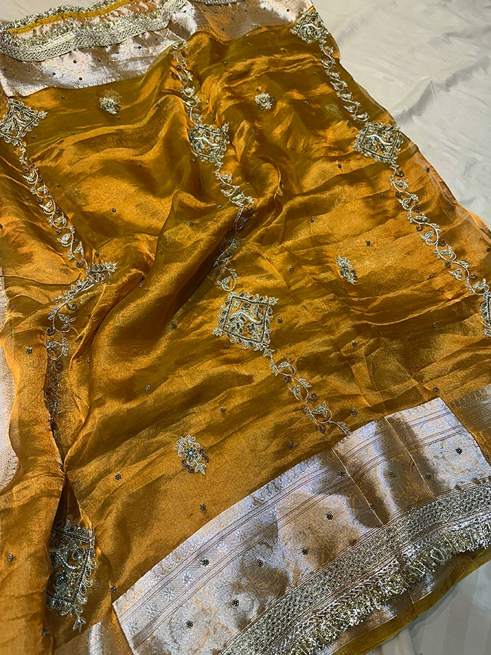 VERTICAL FLORAL PURE TISSUE SAREE - MUSTARD GOLD