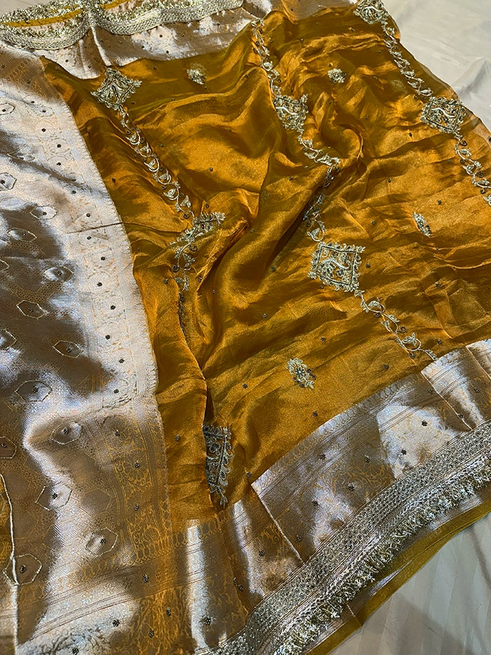 VERTICAL FLORAL PURE TISSUE SAREE - MUSTARD GOLD